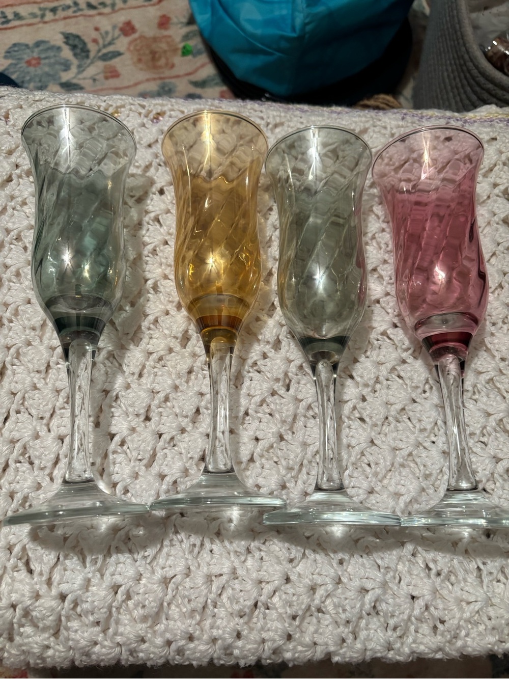 Set of 4 Colored Cut Crystal Champagne Flutes - Green, Amber, Gray, Pink